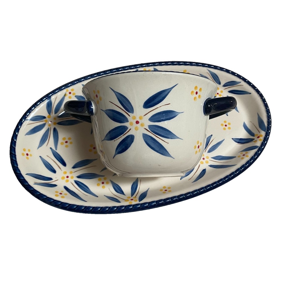 Temptations Old World Soup Bowl with Plate‎ Blue Floral Yellow Dot Handles